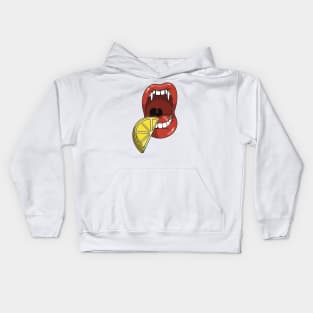 Mouth with vampire teeth about to take a bite into a slice of a sour lemon Kids Hoodie